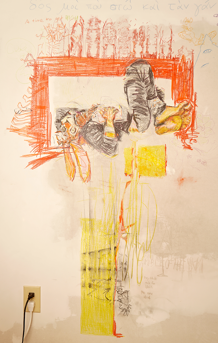 Photo of a white drywall with a large crayon drawing (at least 5 feet tall) next to an outlet and plug. A panicking anthropomorphic hare is clutching their stomach, wearing a black tee shirt, hoodie, and biker jeans, with a bandana around the right ankle and bare feet cradled into each other. The hare is bound by a red rectangle, with flourishes of church windows and bones coming out of the crayon markings. Bubble letters spelling "FUCK" and a black marker scrawling of a penis are on the right. More unrelated text and topical scrawled letters are barely visible in white crayon on top of the plaster surface. Large yellow shapes travel down the composition below the hare's pelvis. The first yellow shape has many human portraits drawn in orange. The bottom yellow shape has a graphite drawing of body bags resting on a hastily constructed shelving unit. One of the few legible marks from the white crayon, at the very bottom, says, "They didn't ask for this. No one did." Photo of a white drywall with a large crayon drawing (at least 5 feet tall) next to an outlet and plug. A panicking anthropomorphic hare is clutching their stomach, wearing a black tee shirt, hoodie, and biker jeans, with a bandana around the right ankle and bare feet cradled into each other. The hare is bound by a red rectangle, with flourishes of church windows and bones coming out of the crayon markings. Bubble letters spelling "FUCK" and a black marker scrawling of a penis are on the right. More unrelated text and topical scrawled letters are barely visible in white crayon on top of the plaster surface. Large yellow shapes travel down the composition below the hare's pelvis. The first yellow shape has many human portraits drawn in orange. The bottom yellow shape has a graphite drawing of body bags resting on a hastily constructed shelving unit. One of the few legible marks from the white crayon, at the very bottom, says, "They didn't ask for this. No one did."